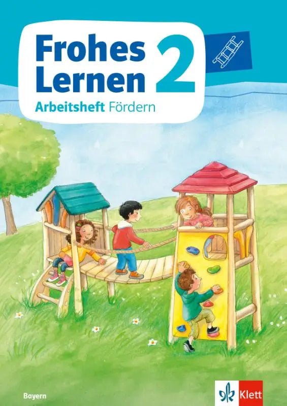 De cover van het frohes lernen sprachbuch 2 arbeidsboek toont kleurrijke kinderen spelend op houten speeltoestellen onder een blauwe lucht