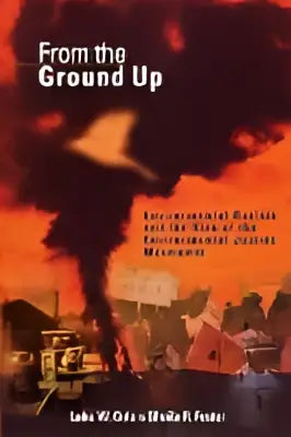 The book cover of From the ground up shows a fiery orange sky above industrial structures with bold white title lettering