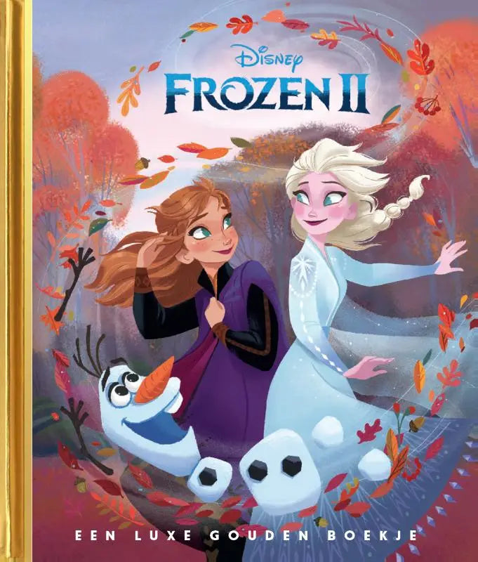 Frozen ii boek voor jonge lezers met goudkleurige omslag en afbeeldingen van elsa anna en olaf tussen herfstbladeren