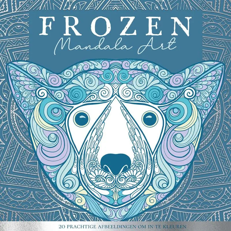 Een frozen mandalakunst kleurboek met een gestileerd wolf gezicht en prachtige afbeeldingen in blauw, paars en wit
