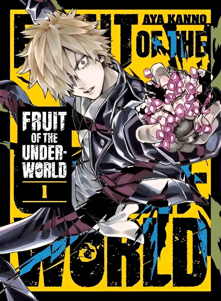 De cover van de manga fruit of the underworld 1 door aya kanno met een blonde figuur in zwartgrijze kleding en roze paarse vrucht