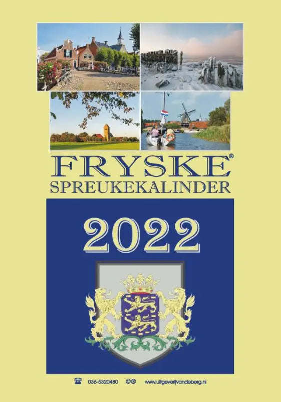 Fryske spreukekalinder 2022 kalender met blauw en crèmekleurig ontwerp en traditionele nederlandse afbeeldingen