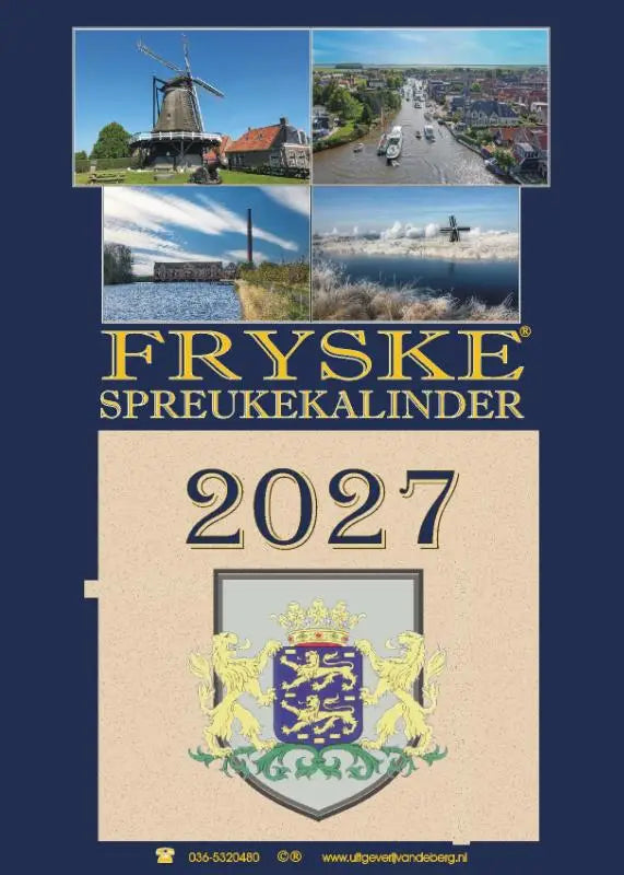 Fryske spreukekalinder 2027 met beige omslag, gouden letters en geborduurd wapen op de voorkant