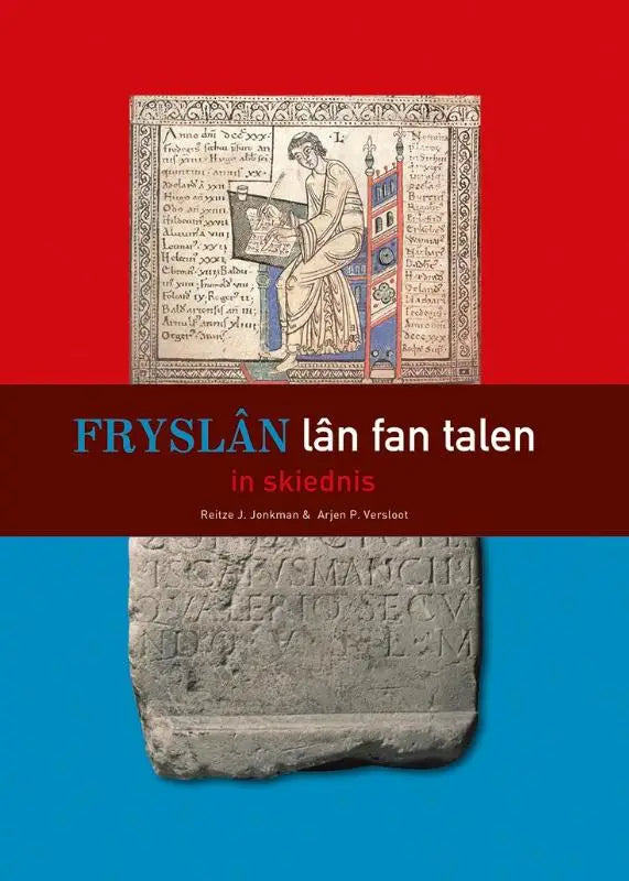 De omslag van het boek Fryslân, lân fan talen toont een middeleeuwse manuscriptillustratie met goud en blauw op oud perkament