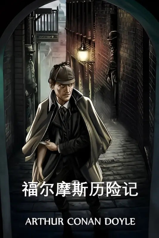 De omslag van het boek a study in scarlet van arthur conan doyle met een donkere afbeelding van sherlock holmes in een steeg, chinese editie van the adventures