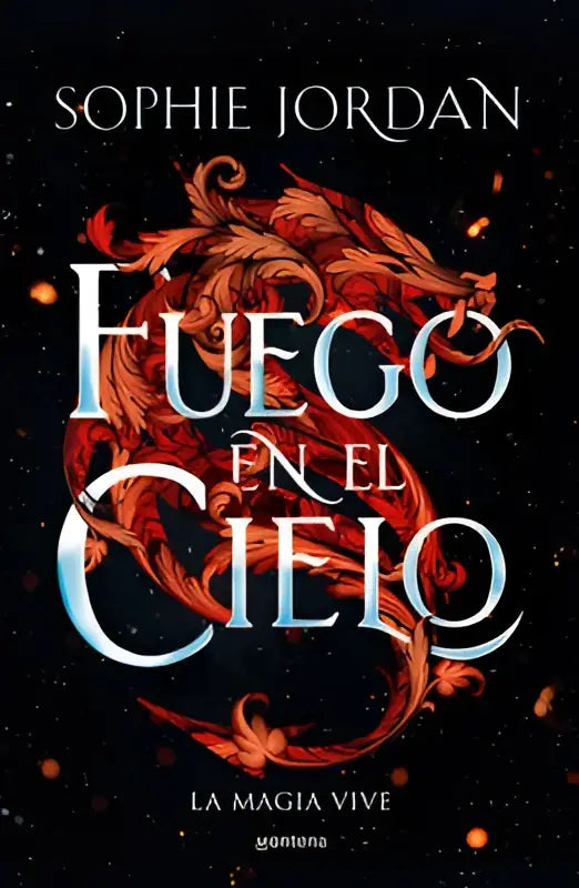 Het boek fuego en el cielo toont een vuurrode draak om de titel tegen een donkere luchtvolle hemel background