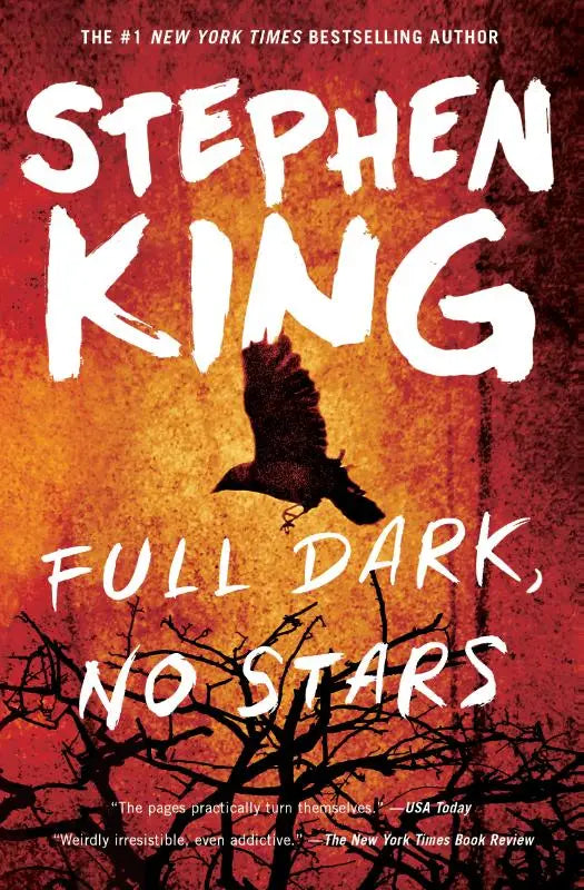 De boekcover van full dark no stars van stephen king toont witte letters tegen een vurig rode en oranje achtergrond met een zwarte kraai
