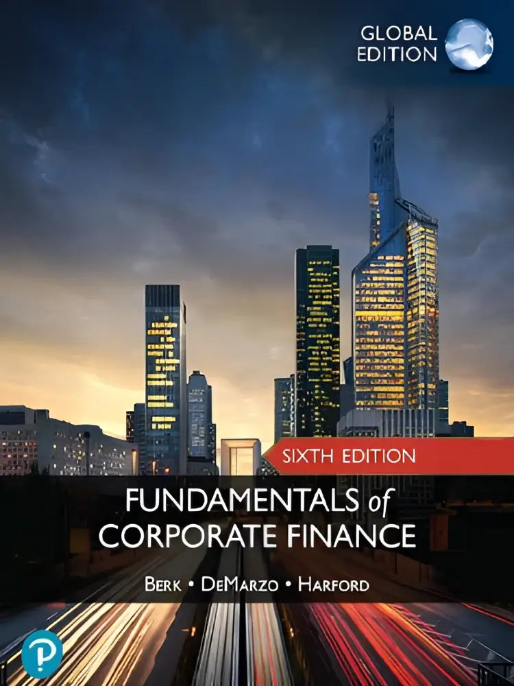 De kaft van fundamentals of corporate finance global edition toont een moderne stadsgezicht bij schemering met verlichte wolkenkrabbers