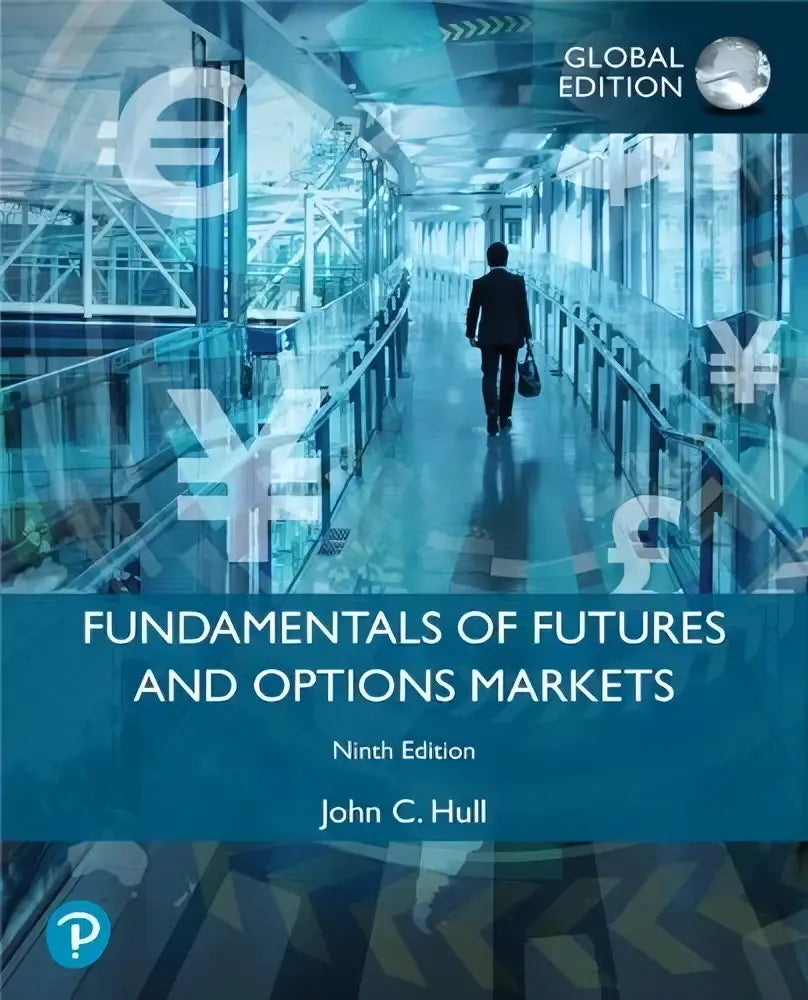 De boekomslag van fundamentals of futures and options markets global edition toont een moderne blauwe en witte financial design met een man in een glazen gang
