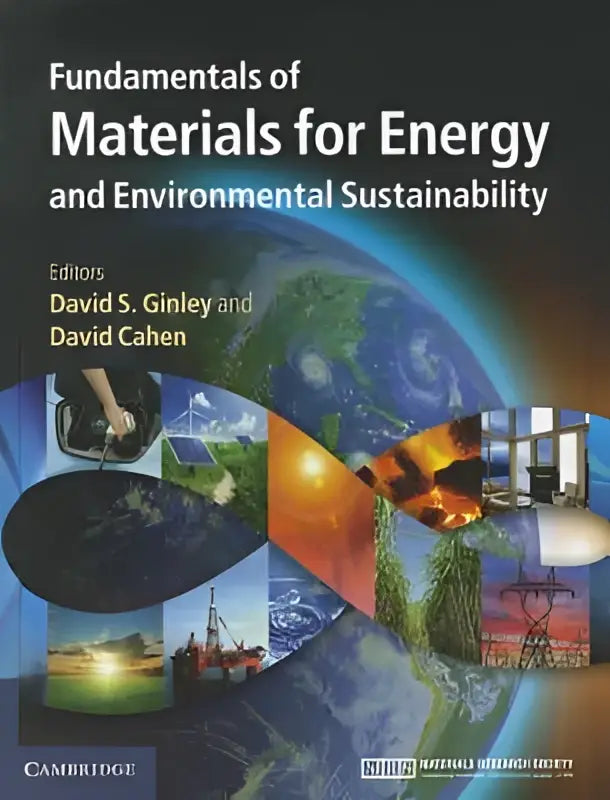 De boekomslag van fundamentals of materials for energy and environmental sustainability toont een kleurrijke collage met aarde op de achtergrond