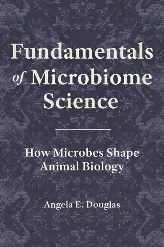 The book fundamentals of microbiome science has a dark blue damask cover with white text, relevant to life sciences
