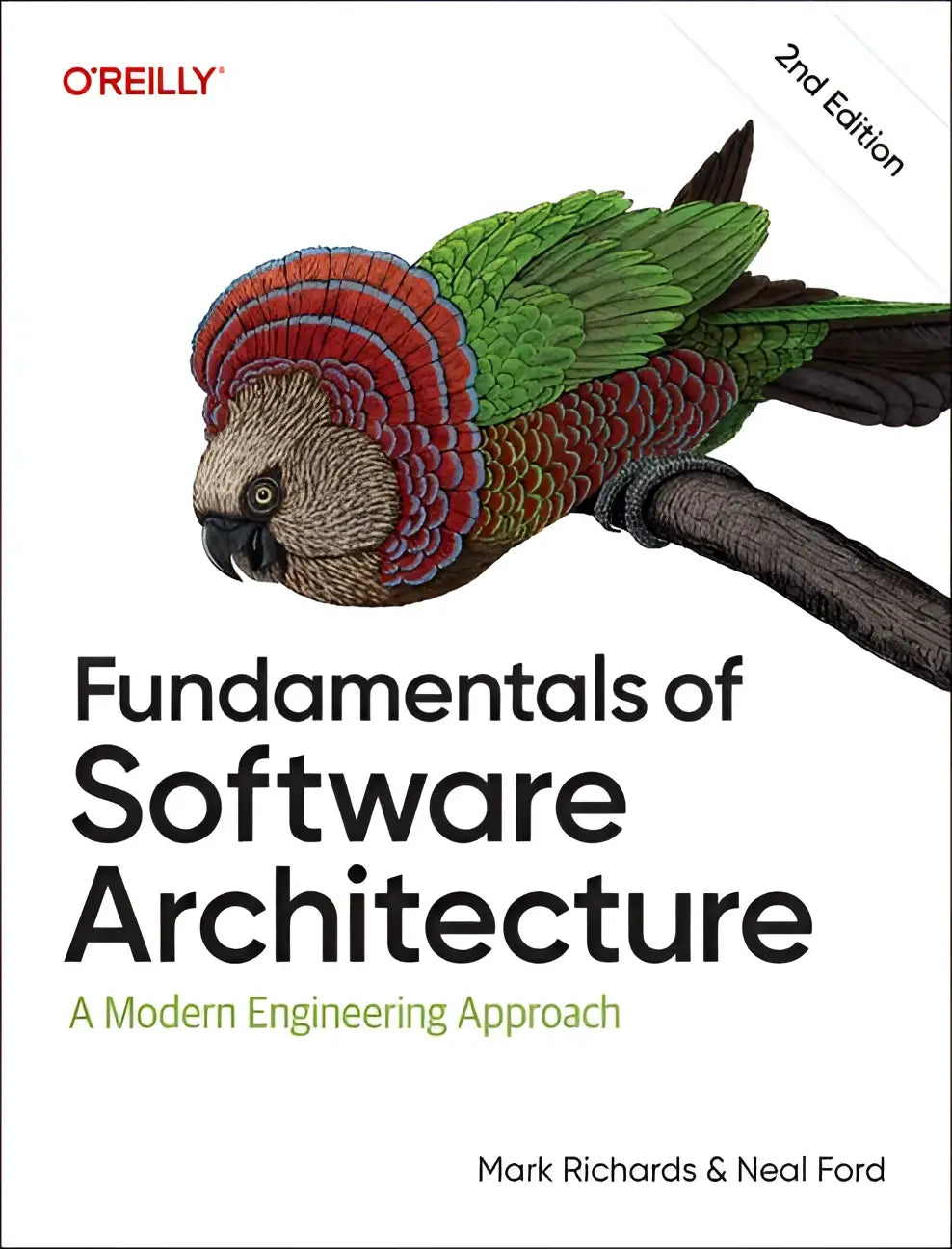 De cover van fundamentals of software architecture 2e editie toont een kleurrijke papegaai en belicht modern engineering approach