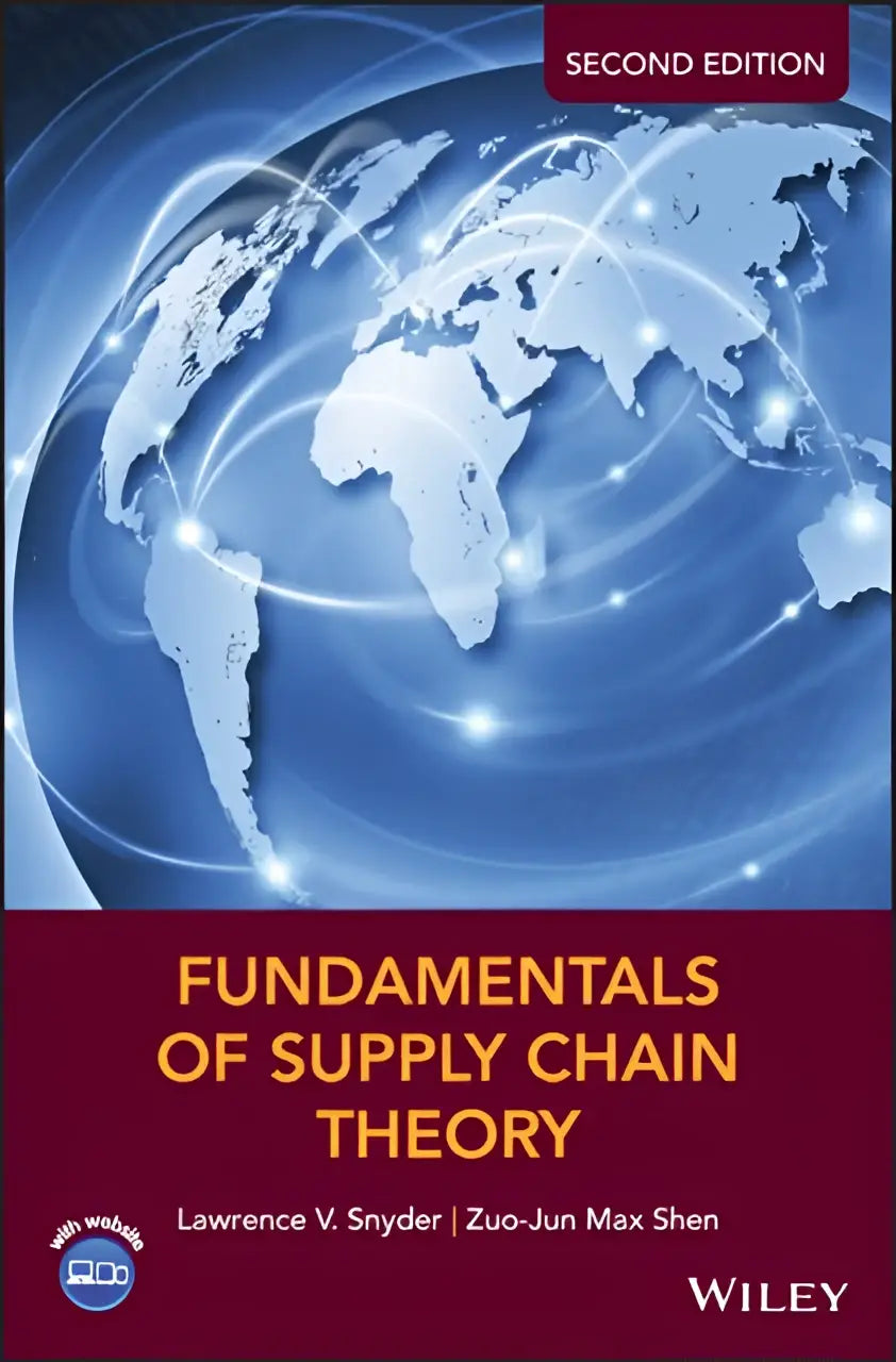 De boekomslag van fundamentals of supply chain theory toont een blauwe globe met netwerk lijnen en gouden tekst op bordeaux