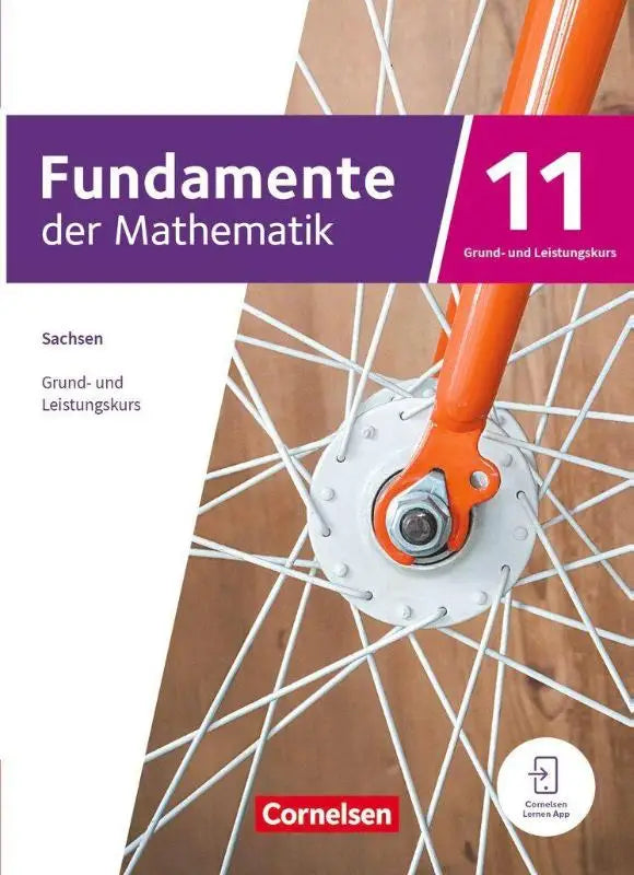 De voorkant van het leerboek fundamente der mathematik 11 sachsen toont een oranje fietswielnaaf met witte spaken