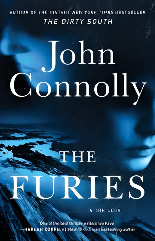 De boekcover van Furies een thriller door John Connolly toont een donkerblauw en zwart ontwerp met witte titelletters