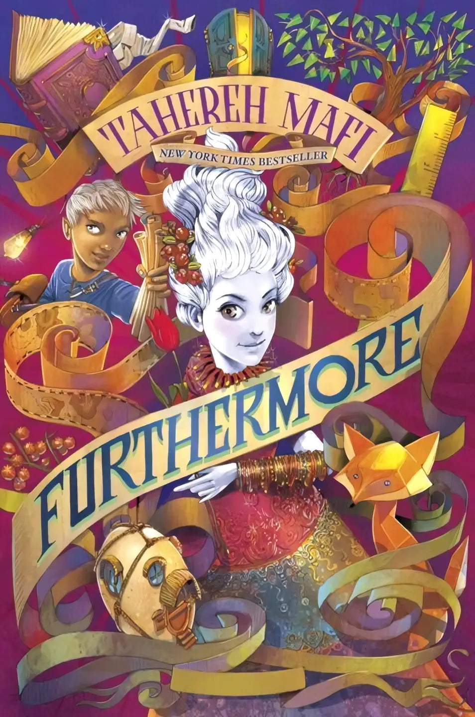 De cover van het boek furthermore door tahereh mafi met een geïllustreerde vrouw met wit haar en rode jurk bij ditmar boekenimport