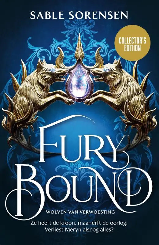 Golden wolf beelden flanken een gloeiend paarse druppelvormige edelsteen op de cover van fury bound tweede deel pre order