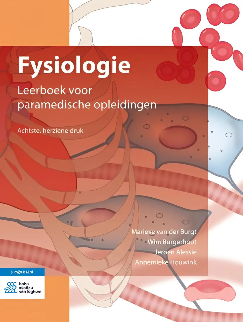 Rood en oranje illustratief fysiologie studieboek met anatomische diagrammen van hart, ribben en bloedcellen door annemieke houwink, jeroen alessie en wim burgerhout