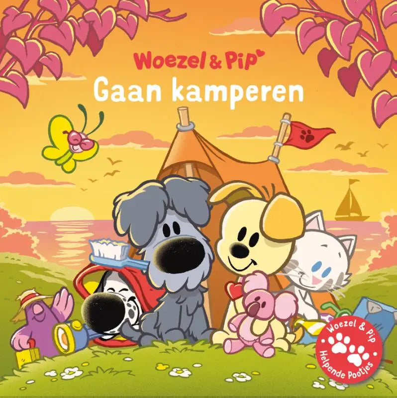 De kleurrijke cover van het kinderboek woezel & pip gaan kamperen toont cartoon dieren bij een oranje tent onder roze hartvormige bomen, ideaal voor jonge lezers