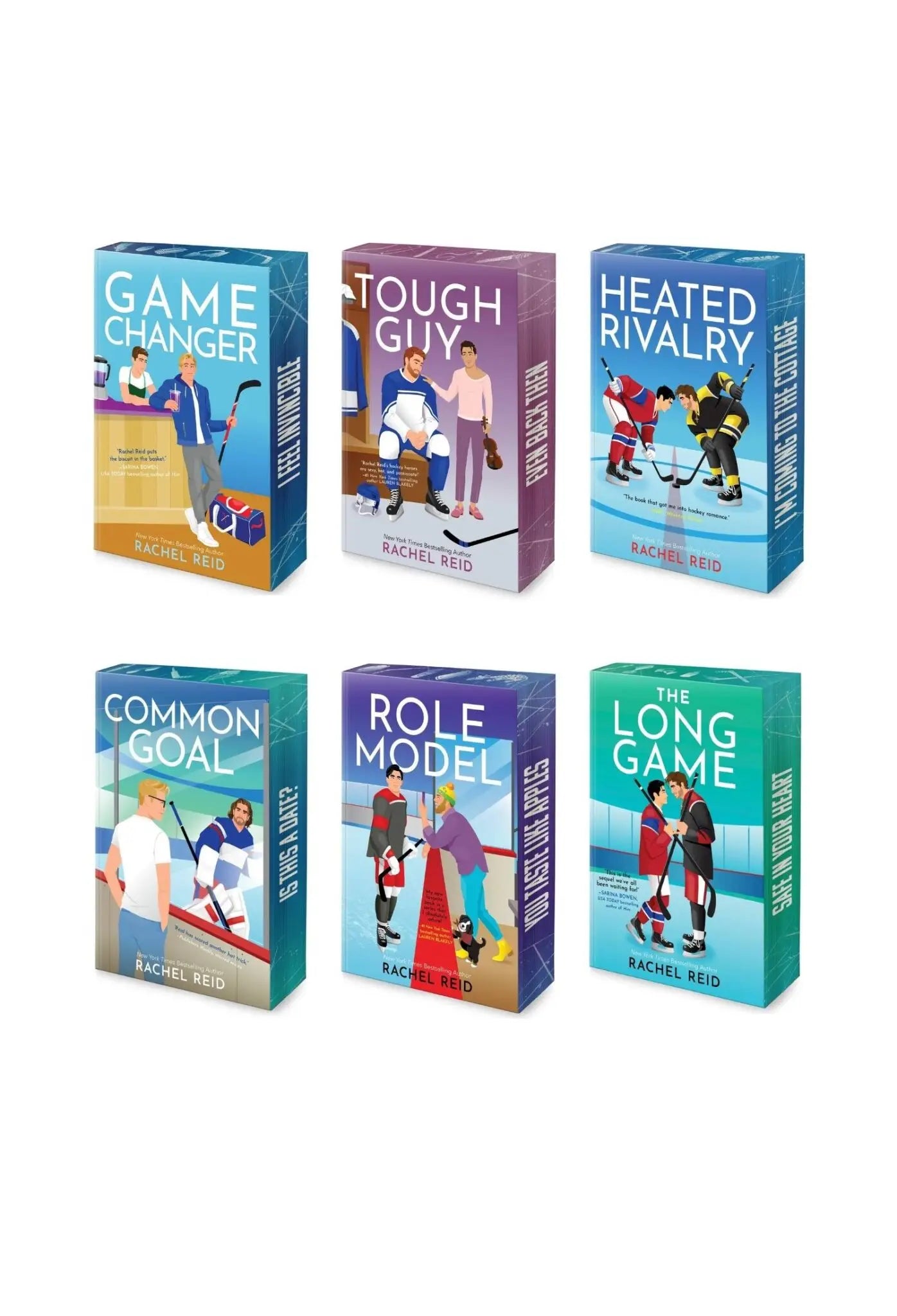 Zes hockeythemapaperbacks met kleurrijke illustraties in deluxe limited edition boxset van rachel reid