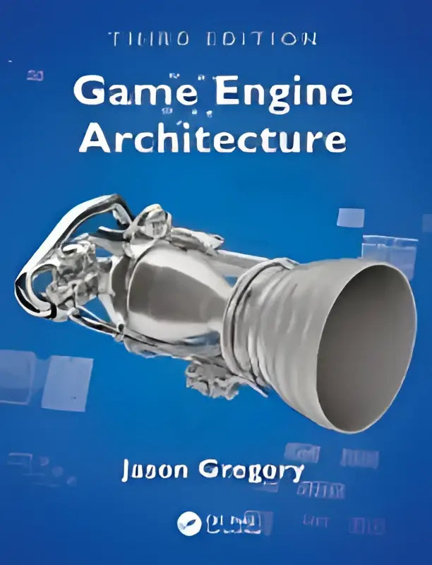 De cover van het derde editie boek game engine architectuur toont een zilver metallic raketmotor voor engine software ontwikkeling