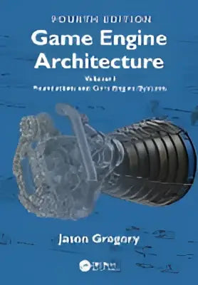 De boekcover van game engine architecture volume i toont een gedetailleerde blauwgrijze metalen illustratie van een motorblok