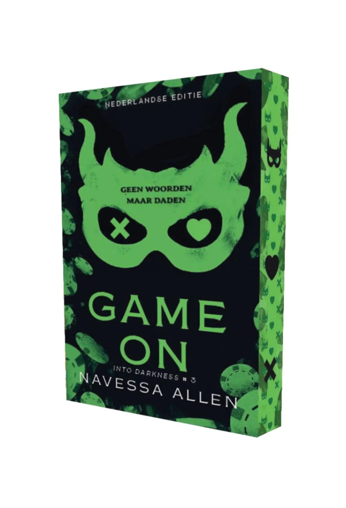 Green mask-themed book cover with heart-shaped eyes on black background for dark romance game on by navessa allen