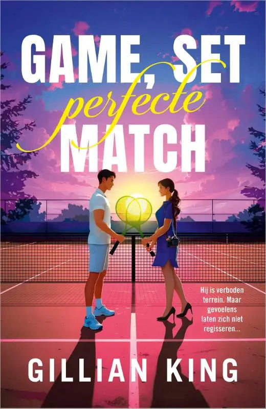 The book cover of game set perfecte match by gillian king features a stylized tennis romance scene under a purple sky