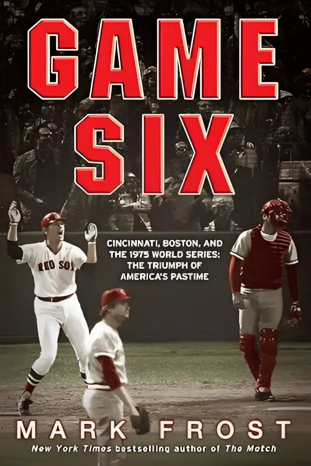 Rood-witte honkbalboekcover game six met vintage spelers over cincinnati, boston en de wereldserie van 1975
