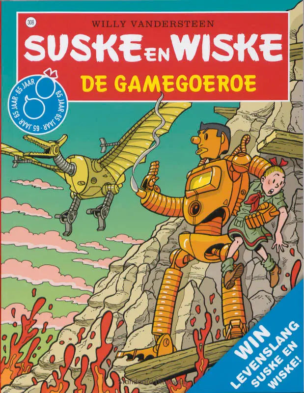 Oranje robot met mechanische ledematen en gele vizier draagt een kind vliegend in de lucht in de gamegoeroe strips algemeen willy vandersteen