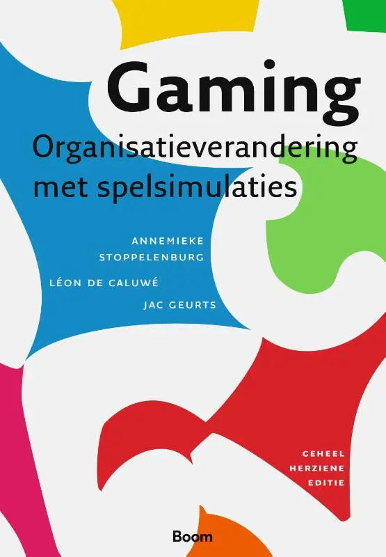 De gaming boekomslag heeft gedurfde abstracte vormen in geel, blauw, groen, rood en roze op een witte achtergrond