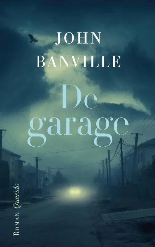Donkerblauwe cover van de literaire roman de garage door john banville met een stormachtige straat en een autolicht