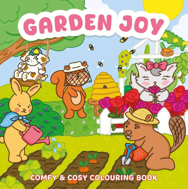 Garden joy cosy colouring book featuring cartoon animals gardening in a vibrant illustrated garden scene