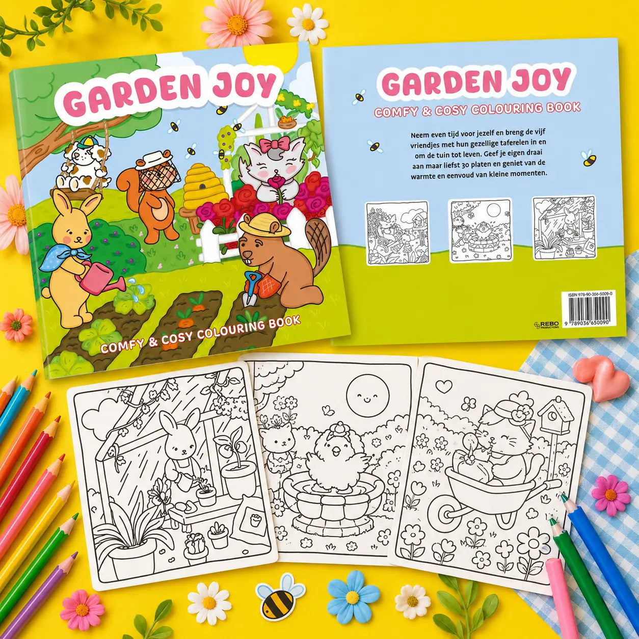 Garden joy kleurboek met kleurrijke kawaii illustraties van dieren die tuinieren op een heldergroene cover