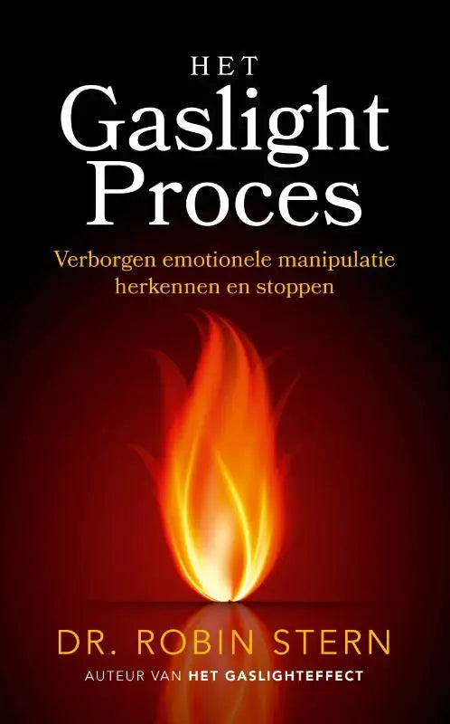De boekcover van het gaslightproces toont een vurige oranje gele vlam op donkere rode achtergrond over verborgen emotionele manipulatie herkennen