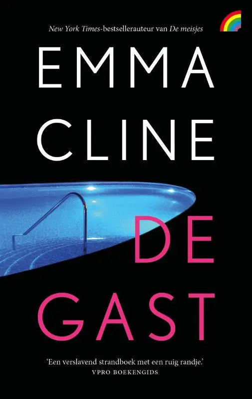 Zwart boekdeksel van de gast met roze titel en blauwe zwembadillustratie door emma cline