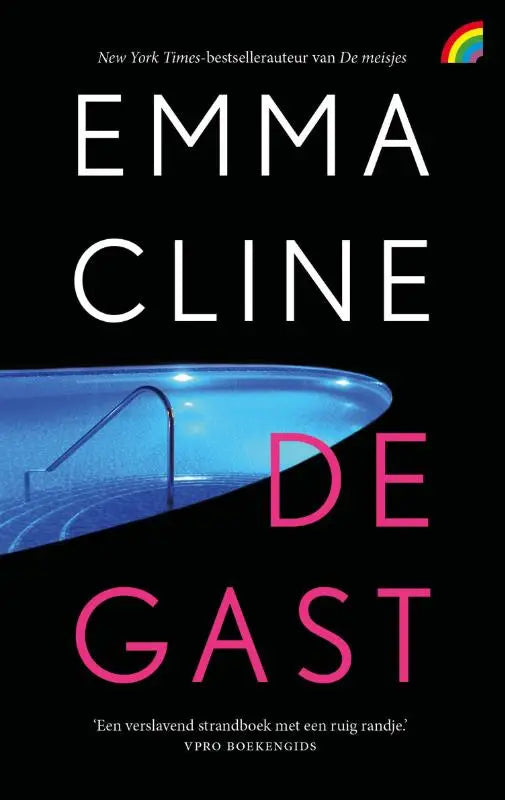 Zwart boekomslag van de gast met witte en roze tekst en een blauw zwembadscene door emma cline
