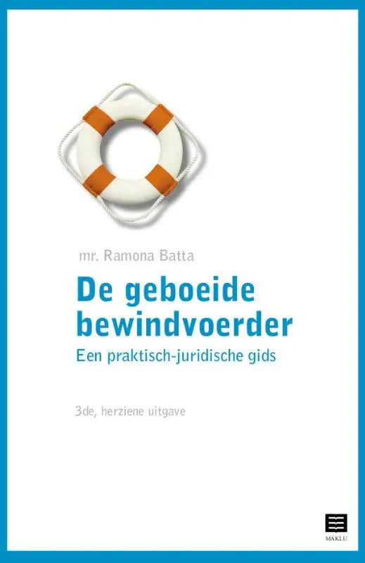 Witte reddingsboei met oranje strepen op de kaft van het boek de geboeide bewindvoerder door ramona batta over burgerlijk recht