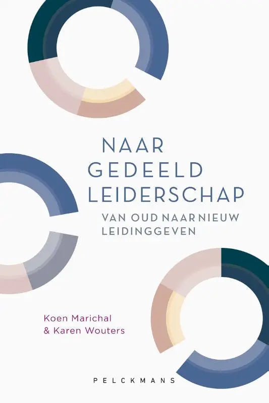 Het boek naar gedeeld leiderschap toont een minimalistisch omslag met blauwe, beige en grijze cirkels op wit
