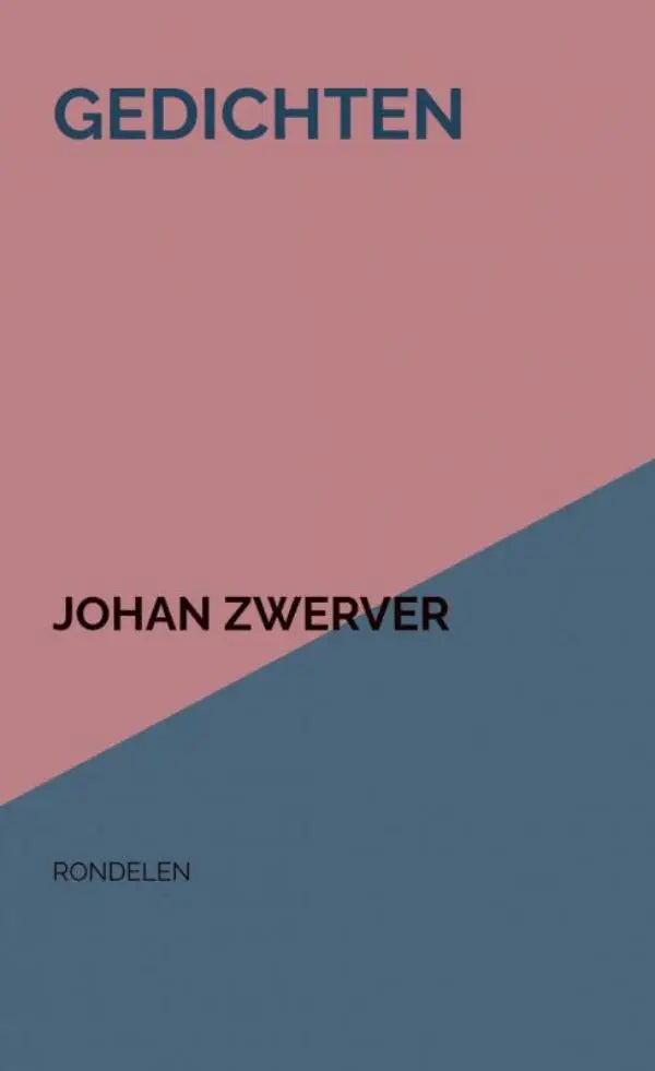 Minimalistische boekcover van gedichten met gesplitst ontwerp, titel in donkerblauw op roze en auteur in zwart
