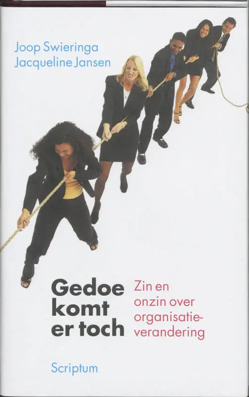 Het boek gedoe komt er toch heeft een witte omslag met een zwarte titel en een rode ondertitel over organisatieverandering