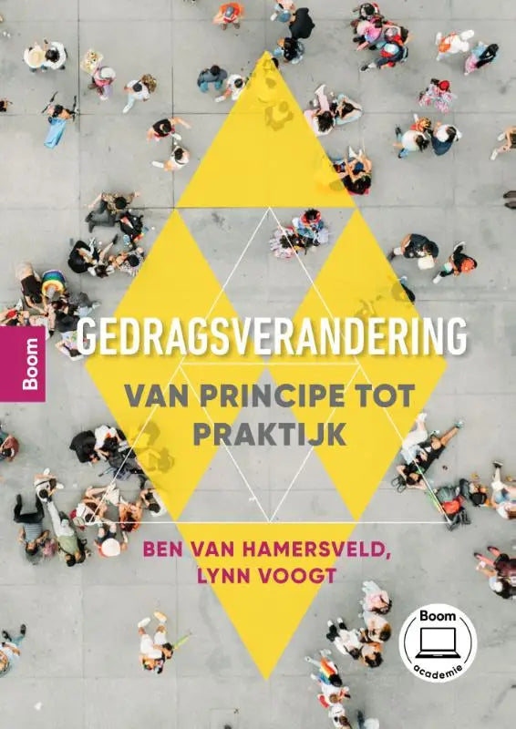 Gele diamantvormige grafiek met witte tekst op de omslag van gedragsverandering door lynn voogt bij koninklijke boom uitgevers voor hoger onderwijs