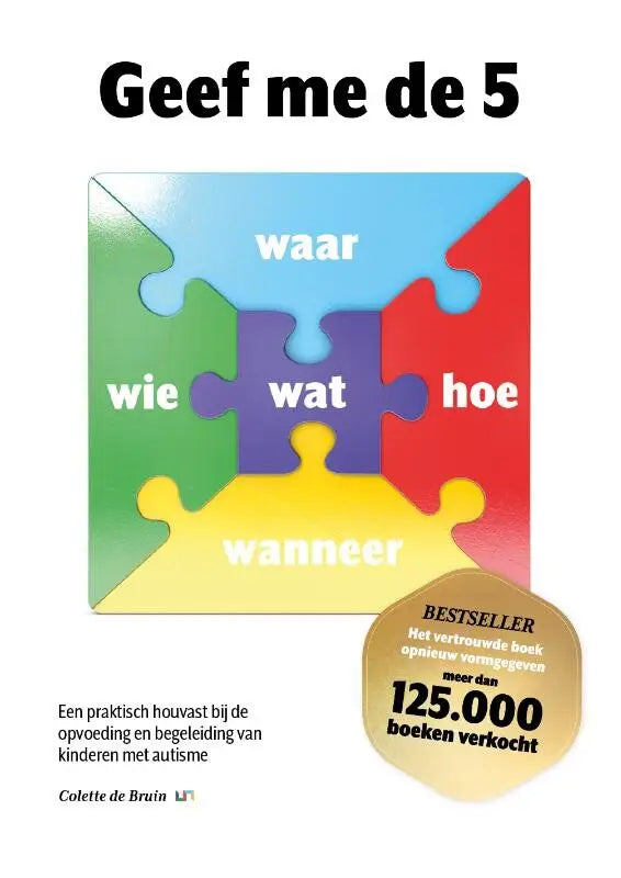 Geven me de 5 kleurrijke puzzel met vijf vergrendelende stukken in blauw, groen, paars, rood en geel met Nederlandse labels