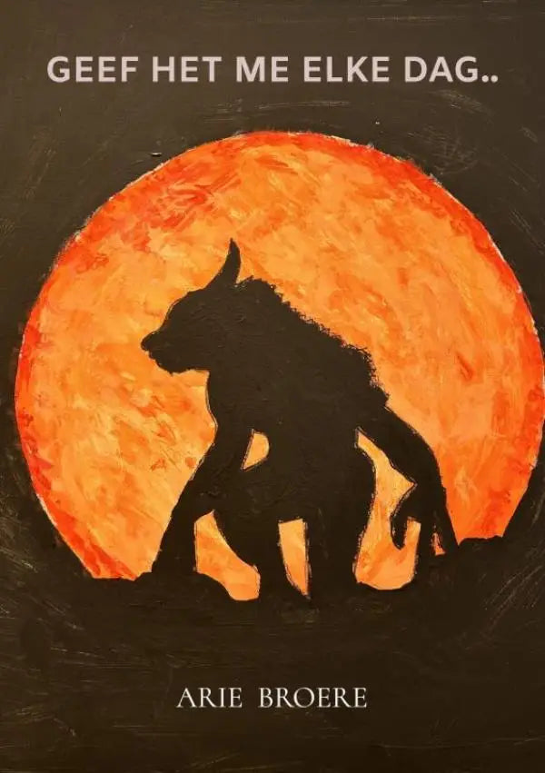 Zwarte silhouet van een gebogen hondachtig wezen voor een textuur oranje zon op een donkere achtergrond voor geef het me elke dag
