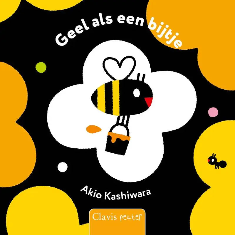 Een vrolijke cartoonbij met zwartgele strepen en hartvormige antennes houdt een honingemmer vast voor jonge lezers
