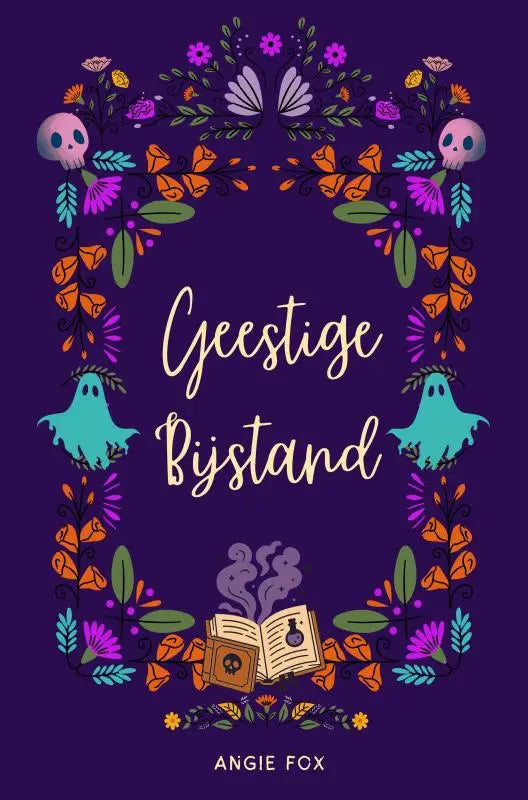 Paars boek met florale en geestillustraties en de titel geestige bijstand in elegante gouden letters