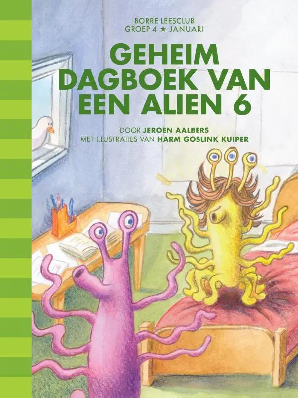 De cover van geheim dagboek van een alien 6 toont kleurrijke cartoonachtige aliens voor jonge lezers in borre leesclub