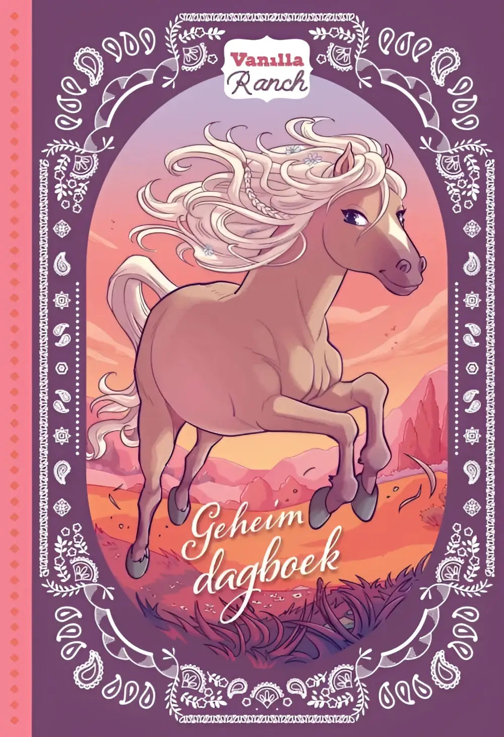 Geheim dagboek vanilla ranch met een dynamisch lichtbruin paard en witte manen tegen een oranje zonsondergang voor jonge lezers