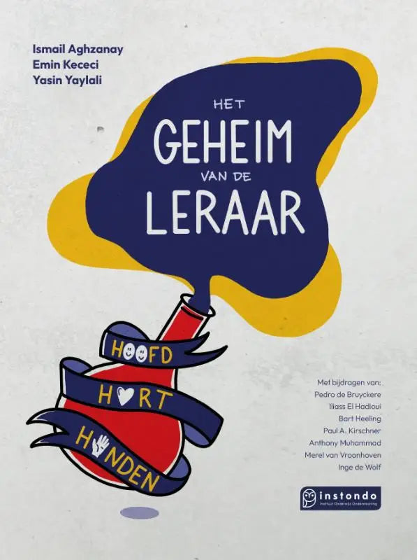 Het boek het geheim van de leraar toont een gestileerde rode en blauwe bom met gele accenten en tekstlinten