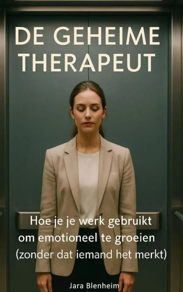 De boekcover toont een vrouw in beige blazer voor een liftdeur met de titel de geheime therapeut en werk gebruikt